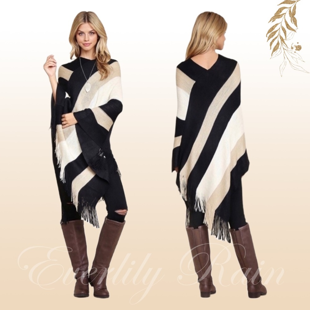Chic Color Block Striped Elegant Poncho - Picture 1 of 6